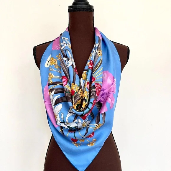 New Salvatore Ferragamo Silk Scarf Flowers Sky Blue Multicolor